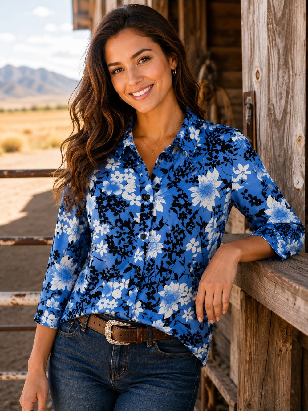 Covington Blue Floral Button Front Blouse 3/4 Sleeve Size Large